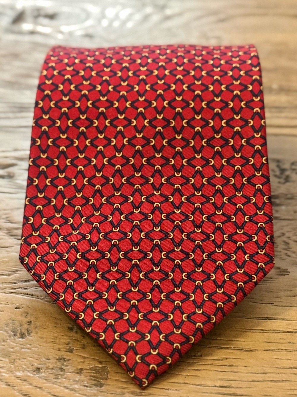 Brooks Brothers Red Silk Tie with Gold and Black Link Motif